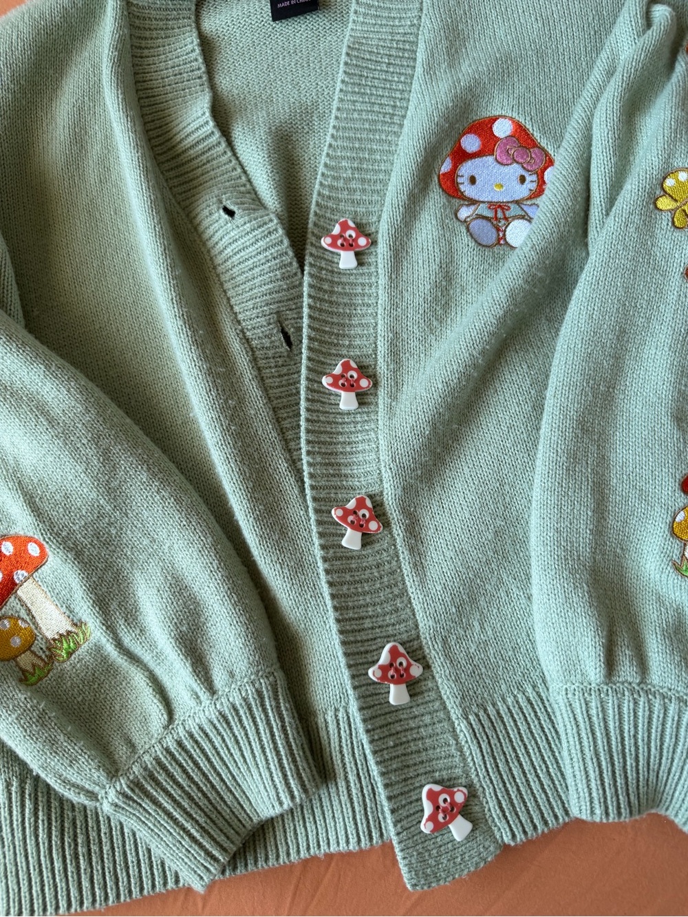 Hot Topic Sanrio Hello Kitty Mushroom Embroidered Knit Cardigan Size Small - Picture 8 of 11